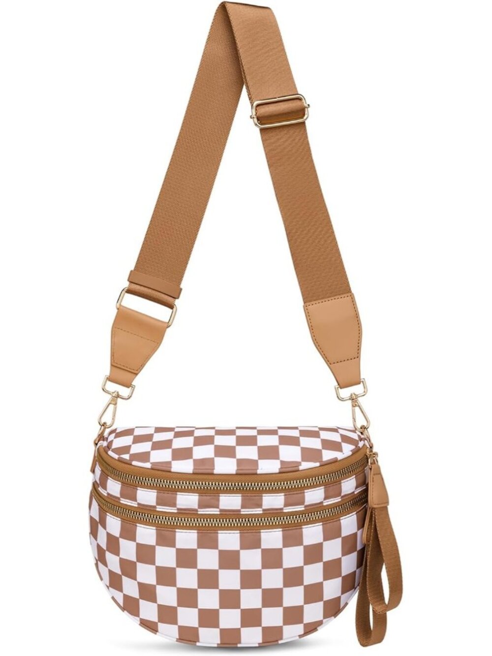 Women's Brown Checkered Color Checkered Nylon Fanny Pack Travel Crossbody Bag
